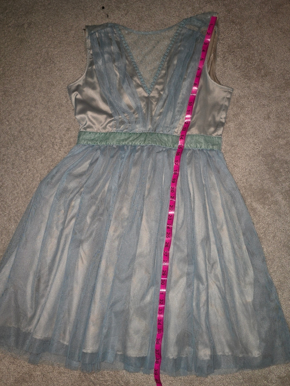 Powder Blue Sheer Tulle Cocktail Dress with Velvet Waistband Tan Underslip Large - Picture 16 of 16